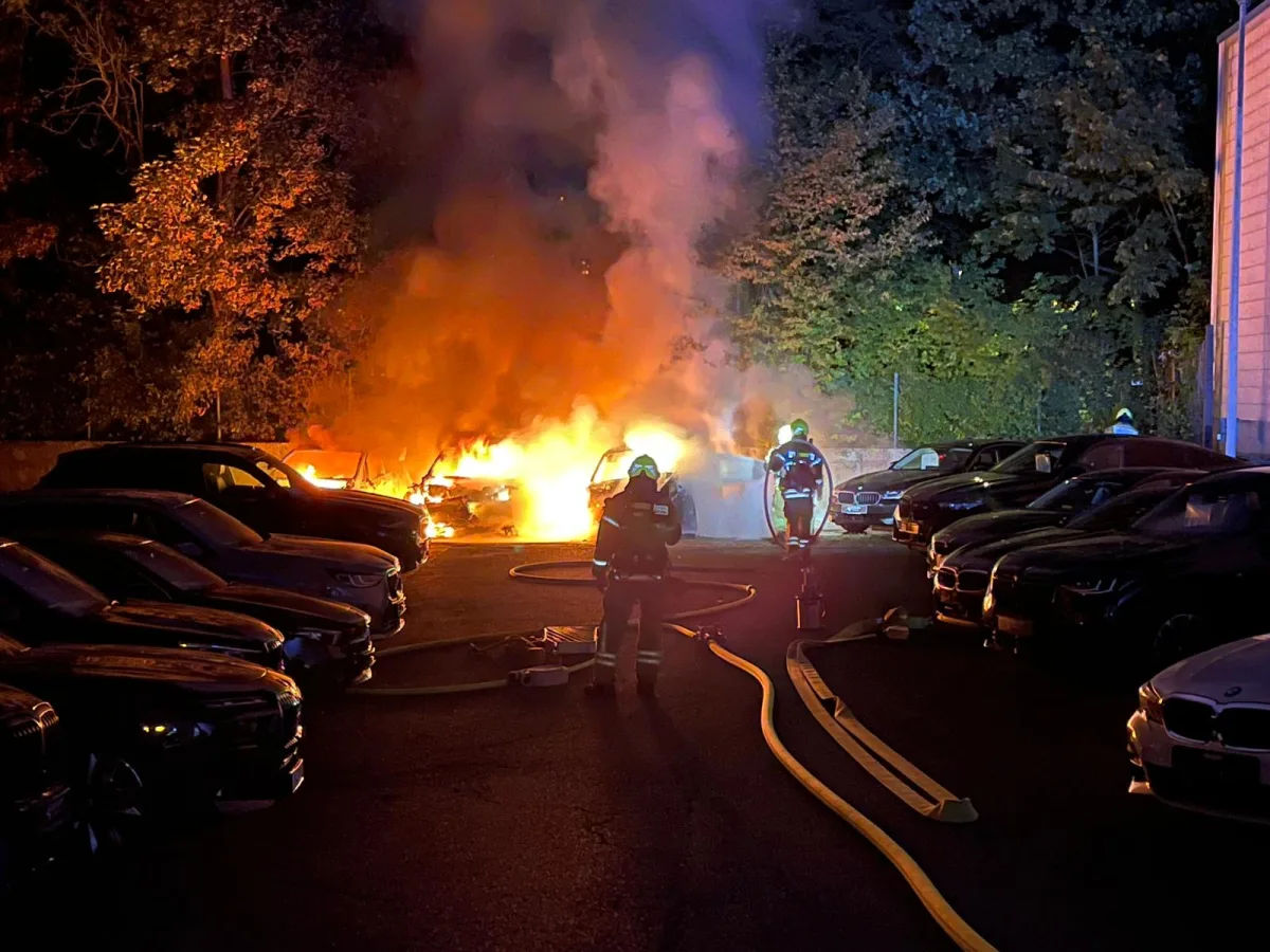 Bei Nacht löschen Feuerwehrleute mit Schläuchen brennende Autos in einem von Bäumen umgebenen Bereich.