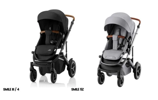 Zwei Kinderwagenmodelle nebeneinander; links ein schwarzes Modell, rechts ein graues Modell, beide mit braunen Griffen.