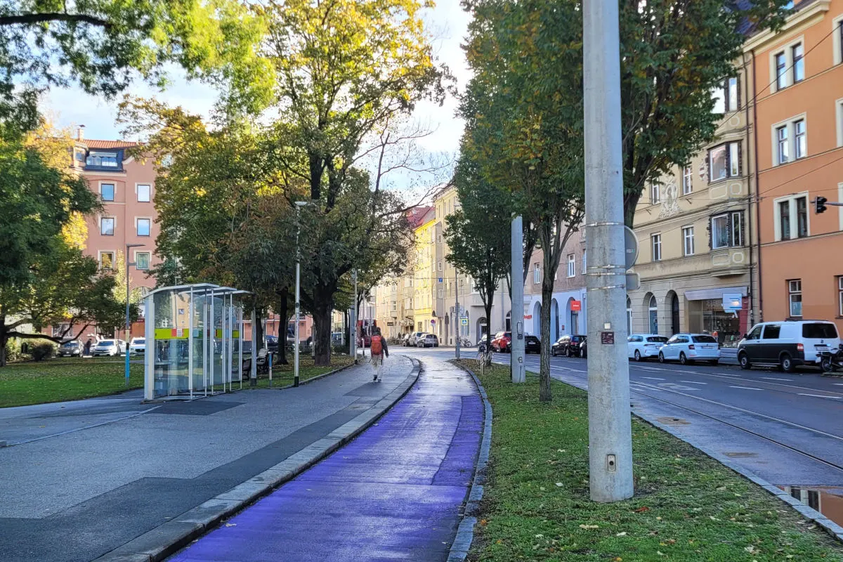 Eine städtische Straße mit Bäumen und Gehweg, auf dem eine Person bei sonnigem Herbstwetter zu sehen ist. Im Hintergrund sind geparkte Autos und Gebäude sichtbar.
