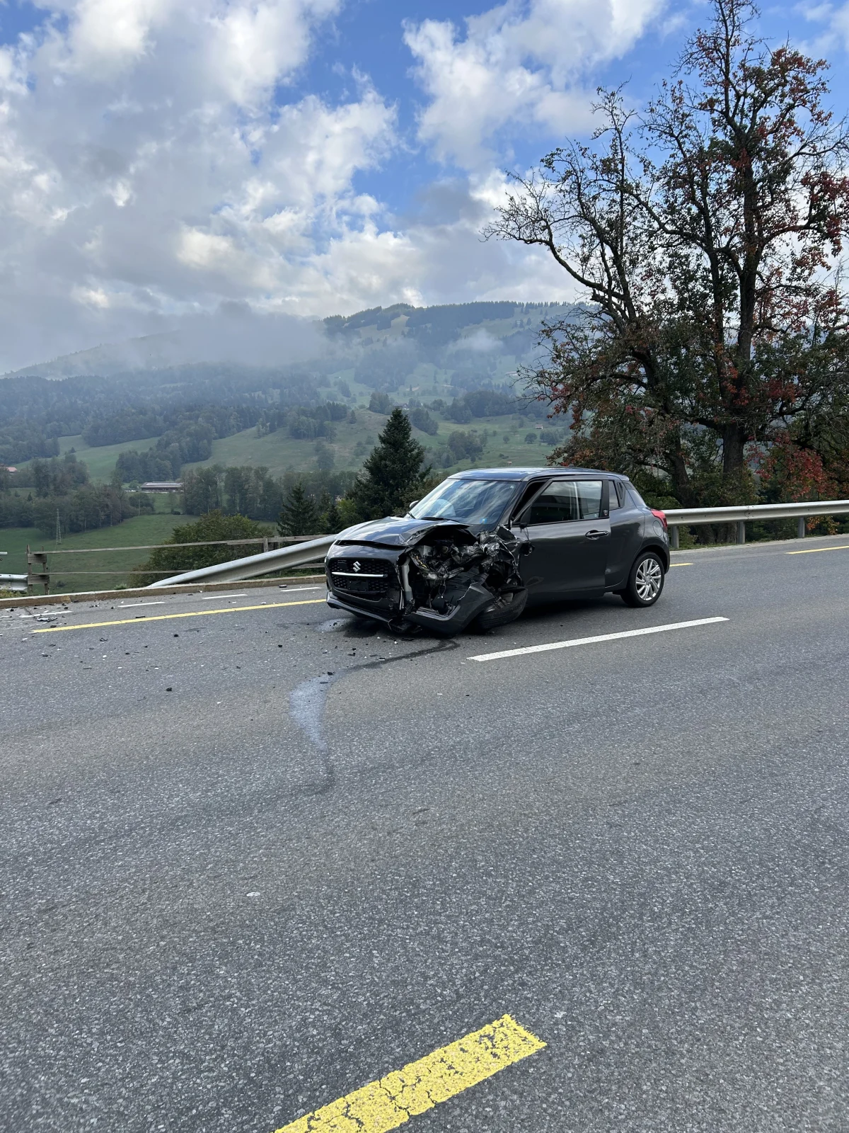 Ein schwarzes Auto mit Frontschäden steht auf einer Landstraße. Im Hintergrund sind Hügel und Bäume sichtbar.