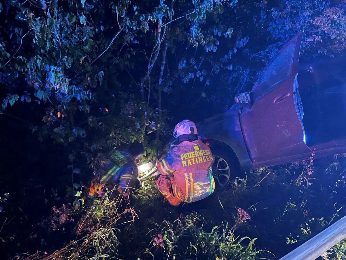 Ein Feuerwehrmann in reflektierender Kleidung untersucht bei Nacht ein Fahrzeug, das im Unterholz gelandet ist.