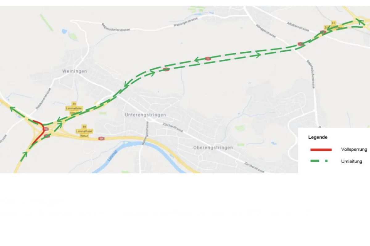 A1 Nachtsperrung und Umleitung für Fahrtrichtung LU - BE am Limmattalerkreuz