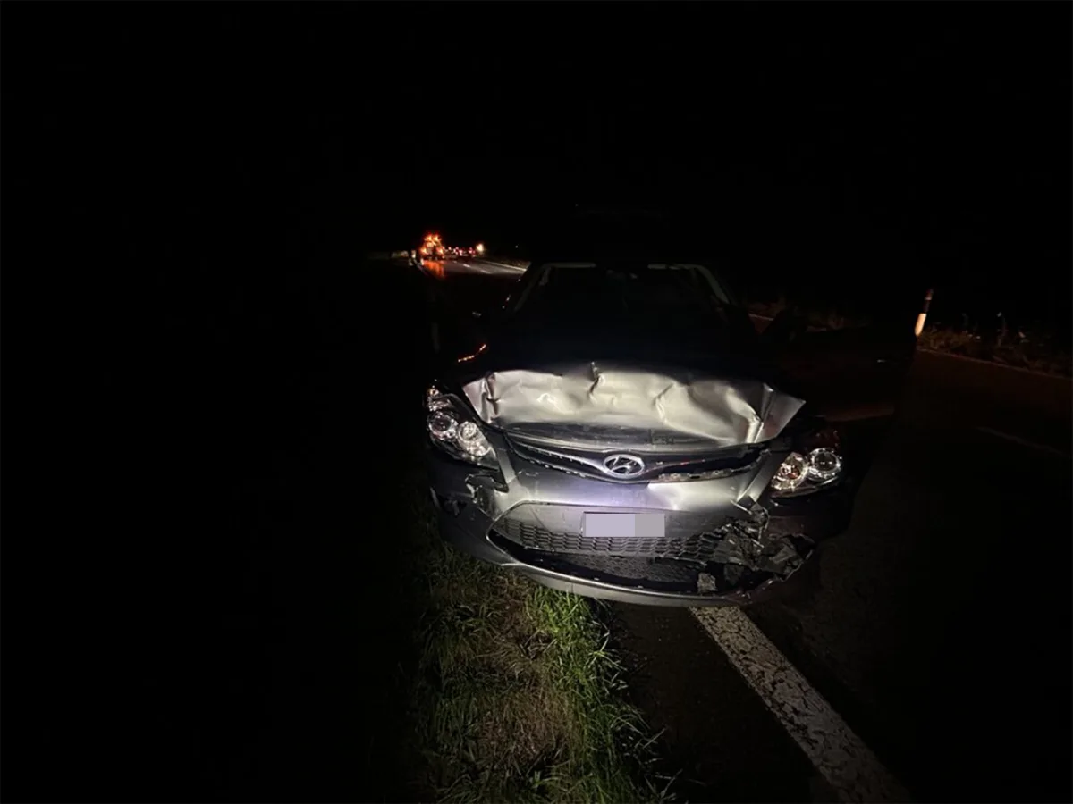 Ein Auto mit stark beschädigter Front steht bei Nacht auf einer Landstraße. Die Szene ist dunkel, nur das Fahrzeug ist beleuchtet.