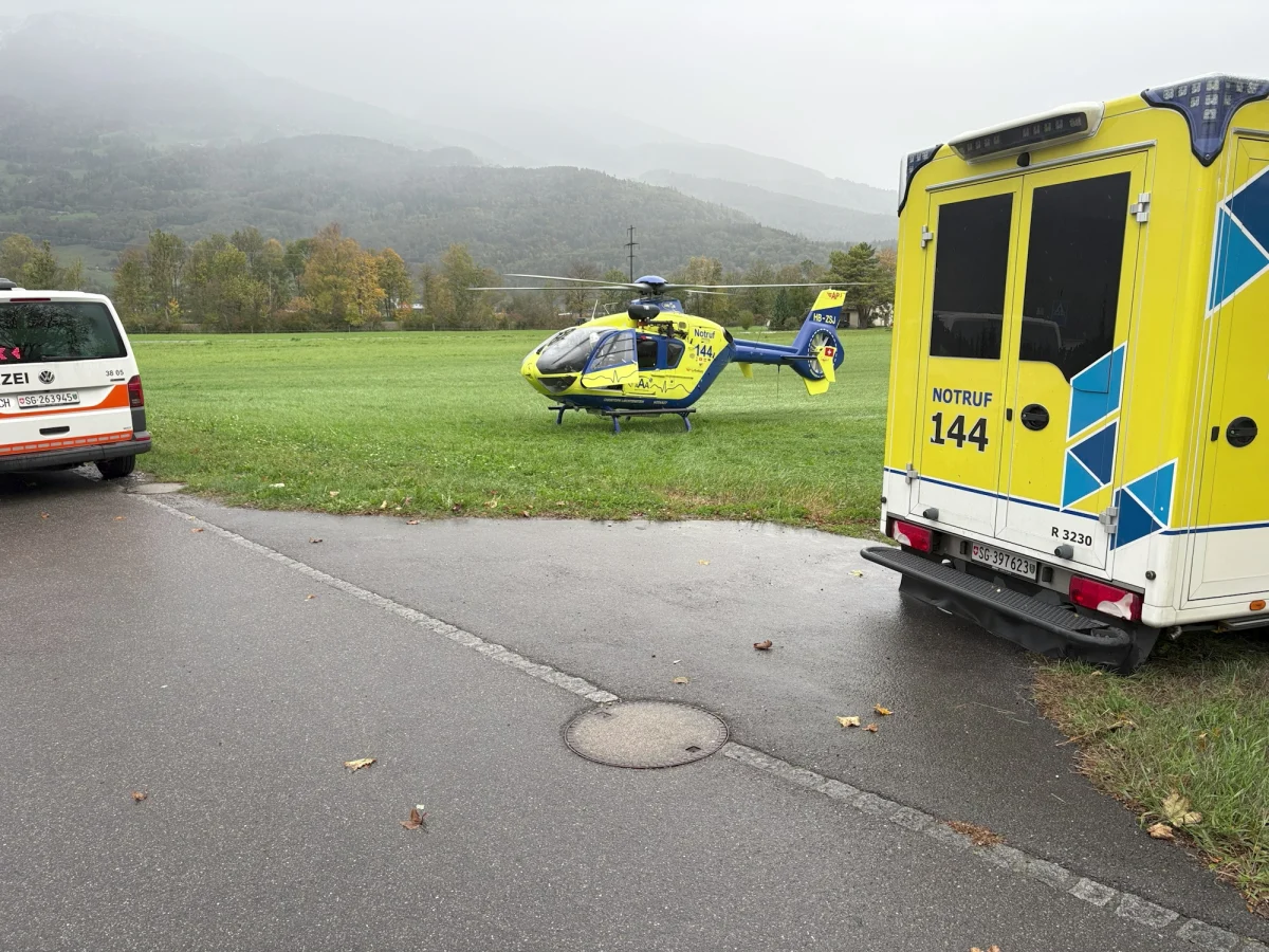 Ein Polizeiauto, ein Krankenwagen und ein Rettungshubschrauber befinden sich auf einer Wiese mit bewaldeten Hügeln im Hintergrund.
