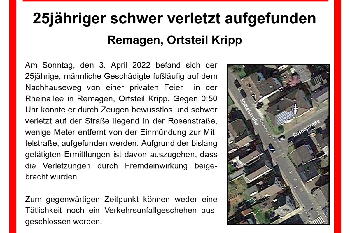 Remagen - Öffentlichkeitsfahndung nach dem Auffinden schwerverletzter Person in Remagen-Kripp