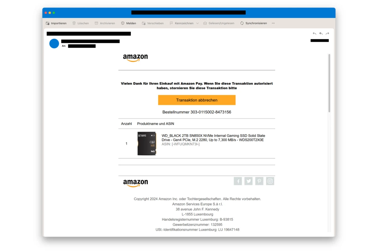 Vorsicht vor dieser vermeintlichen Amazon-Mail