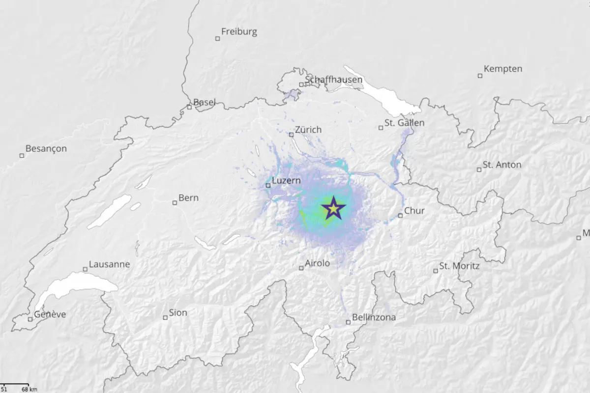 Eine Karte der Schweiz zeigt eine farblich markierte Zone mit einem Stern, der sich im Bereich um Luzern befindet.
