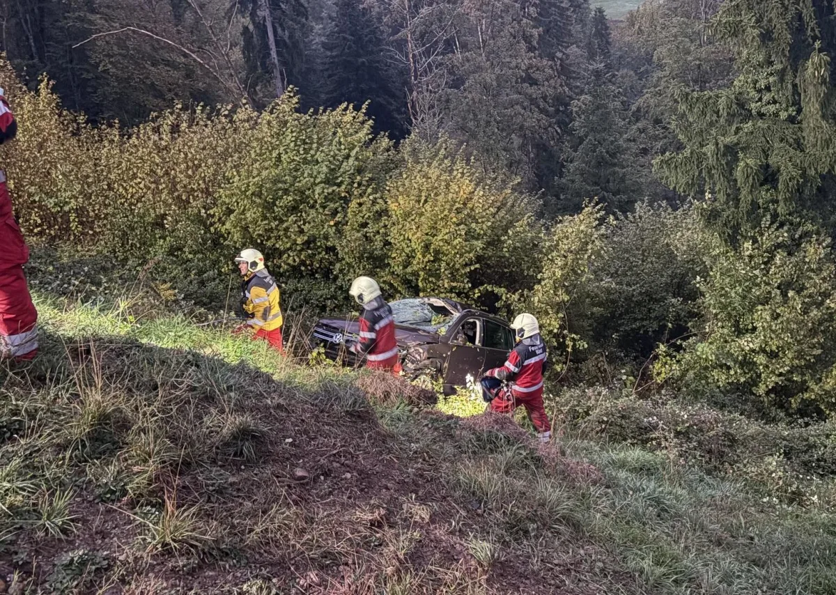 Mehrere Rettungskräfte in Schutzkleidung stehen bei einem verunfallten Auto im Wald. Sie bereiten sich auf die Bergung vor.