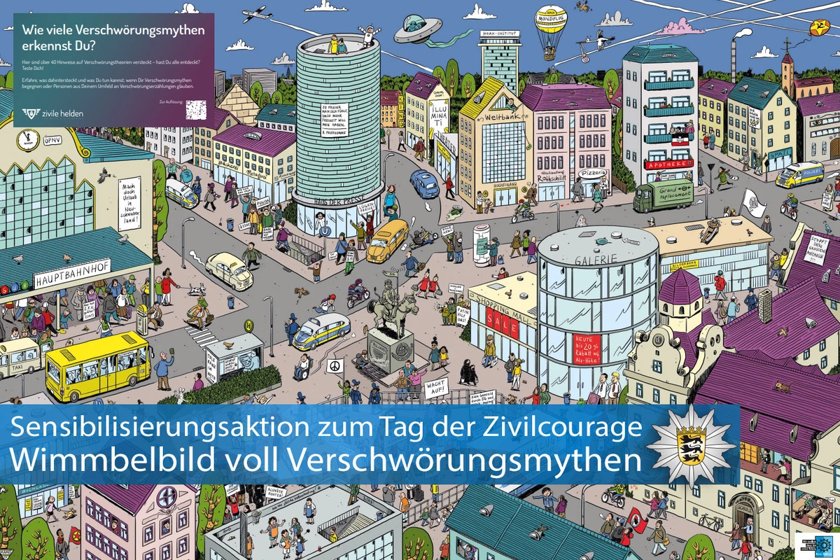 Werbung für Zivilcourage - Ein Wimmelbild voll Verschwörungsmythen 