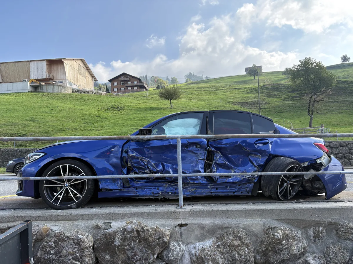 Ein blauer BMW, dessen Seite stark beschädigt ist, steht an einer Leitplanke. Im Hintergrund sind grüne Hügel und ein Haus zu sehen.