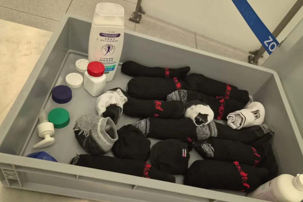 In der Kiste liegen mehrere Socken, Hygieneartikel und kleine Behälter, vermutlich bei einer Zollkontrolle.