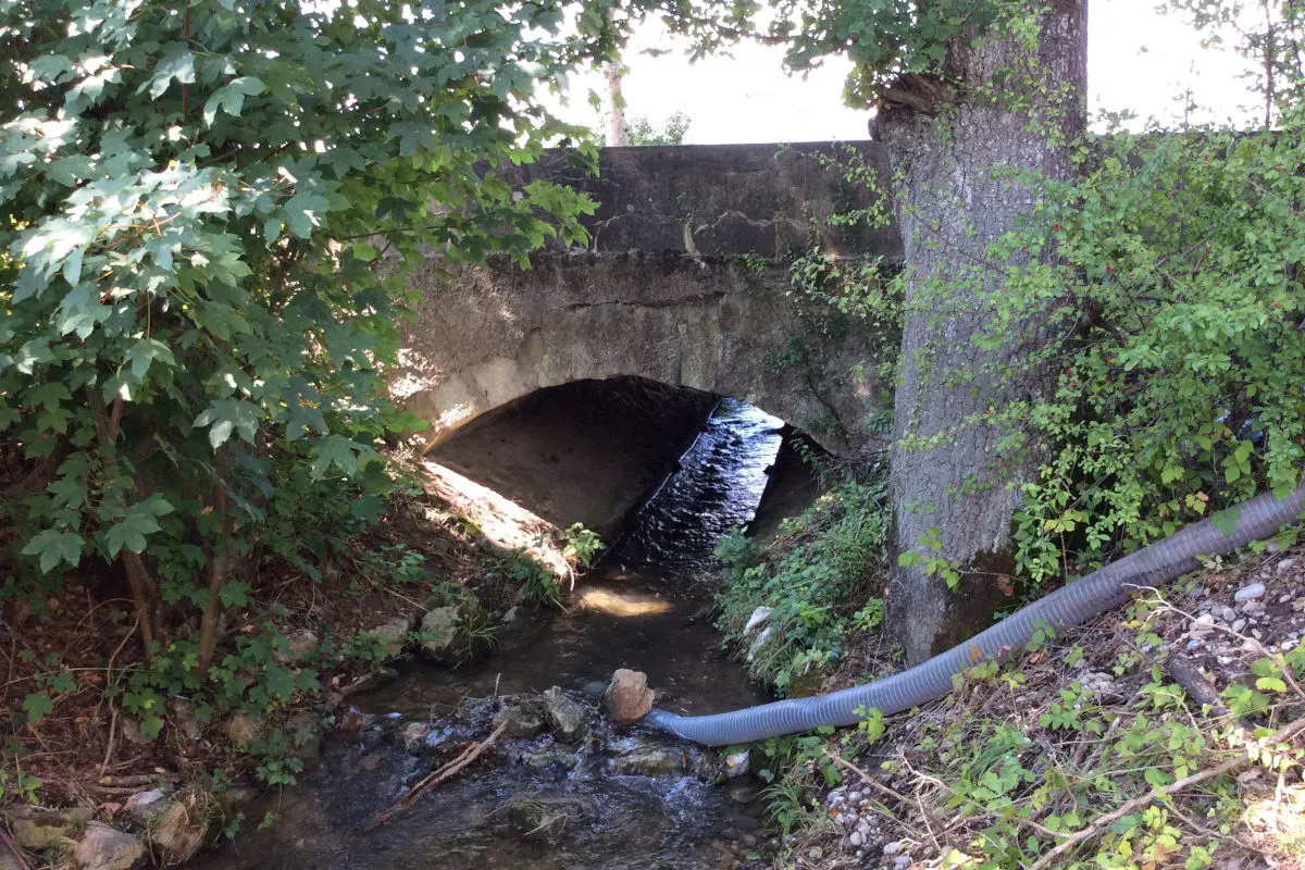 Das Bild zeigt einen kleinen Bach, der unter einer massiven Steinbrücke fließt. Umgeben von dichter Vegetation erstreckt sich ein Waldstück.