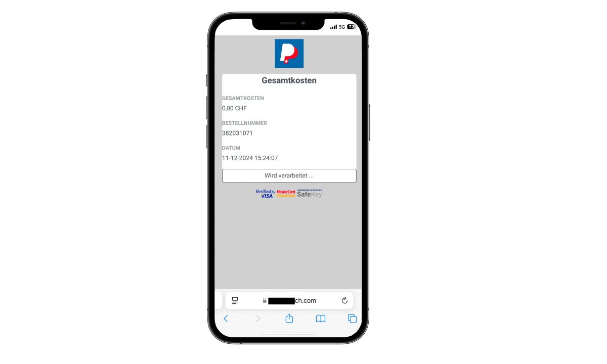 Ein Smartphone-Bildschirm zeigt eine vermeintliche Paypal-Zahlungsseite mit einem Gesamtbetrag von 0,00 CHF und Datum 11-12-2024.