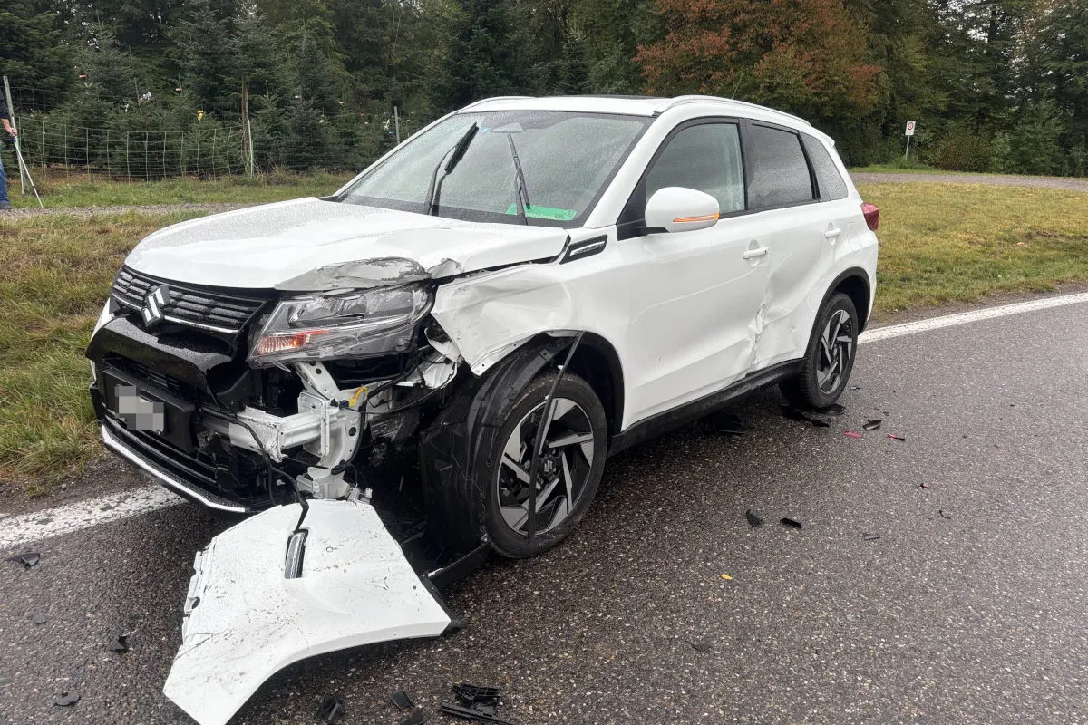 Ein weißer Suzuki mit erheblichen Schäden an der Vorderseite steht auf einer nassen Landstraße. Die Umgebung ist grün mit einigen Bäumen im Hintergrund.