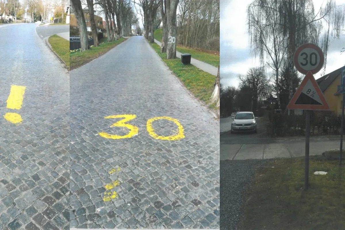 Grimmen - Tempolimit 30 Km/h - Unbekannte bemalen Bäume und Straße