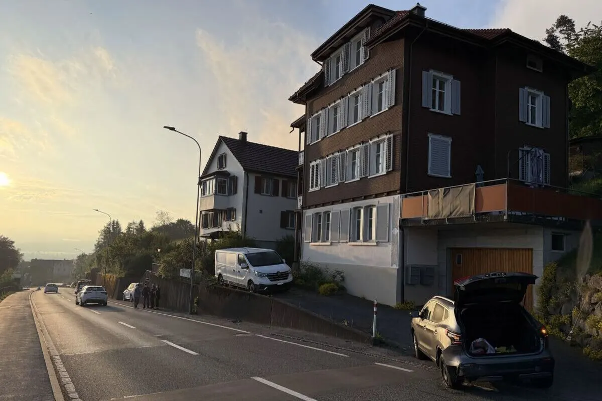 Eine Straße mit einem parkenden Auto mit offenem Kofferraum rechts und zwei Häusern im Hintergrund bei Sonnenaufgang. Die Szene zeigt eine ländliche Umgebung mit ruhigem Verkehr.