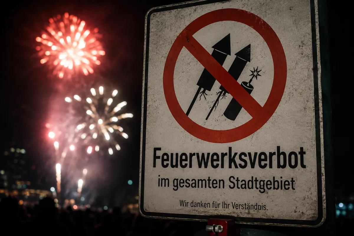 Ein Schild mit Feuerwerksverbotssymbol steht im Vordergrund, während am Himmel dahinter Feuerwerke aufsteigen.