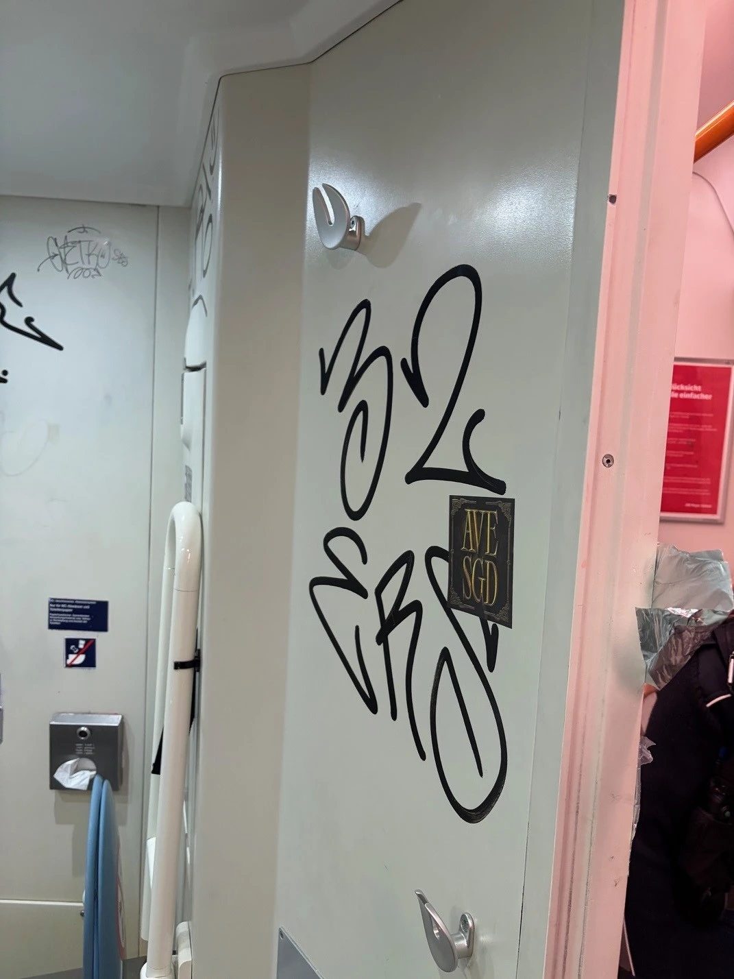 Eine weiße Toilettentür in einem Zugabteil ist mit schwarzem Graffiti beschmiert. An der Tür ist auch ein Kleiderhaken sichtbar.