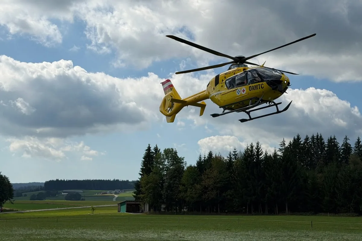 Ein gelber ÖAMTC-Rettungshubschrauber fliegt über eine grüne Wiese, im Hintergrund sind Bäume und bewölkter Himmel sichtbar.