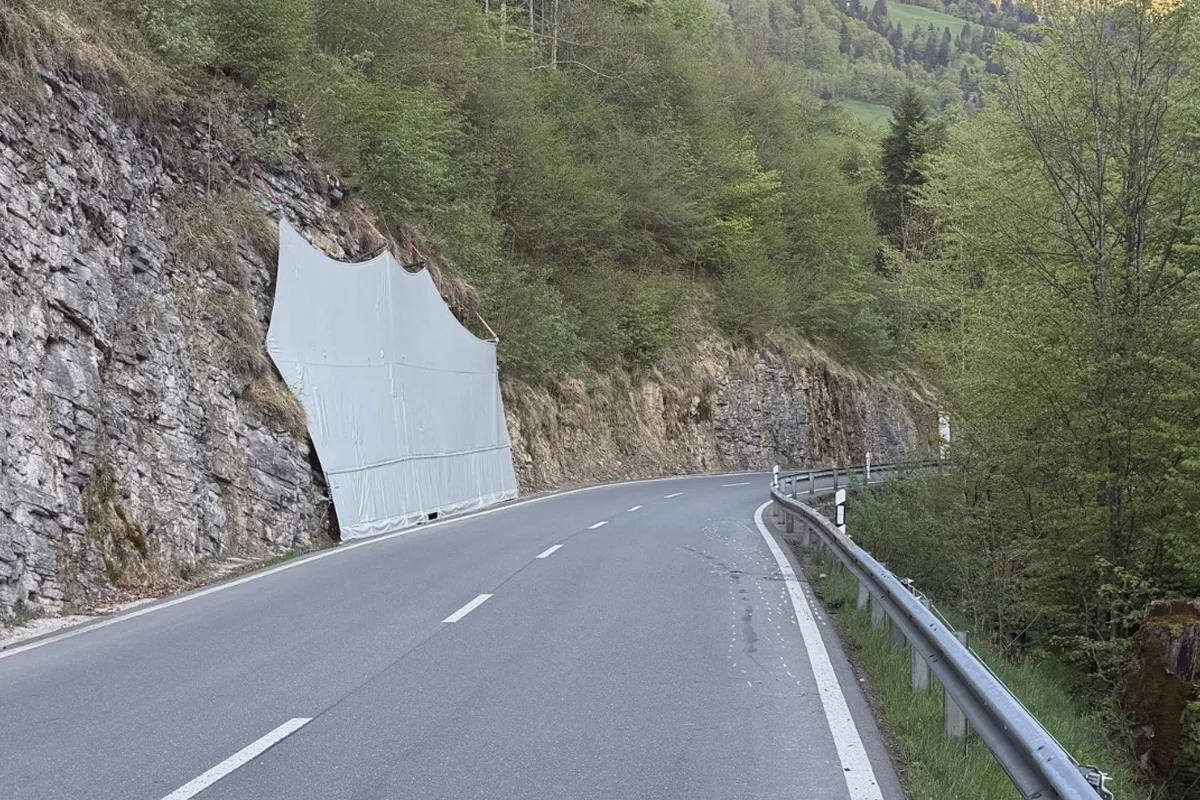 Eine leere Straße führt entlang einer Felswand, an der ein Schutznetz angebracht ist. Die Umgebung ist grün und bewaldet.