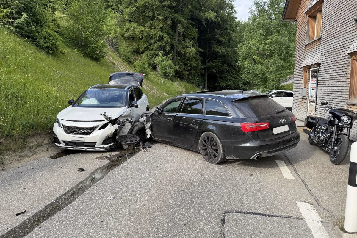 Ein weißes und ein schwarzes Auto sind frontal kollidiert, wobei beide Fahrzeuge auf einer ländlichen Straße stehen. Im Hintergrund ist ein Gebäude zu erkennen.