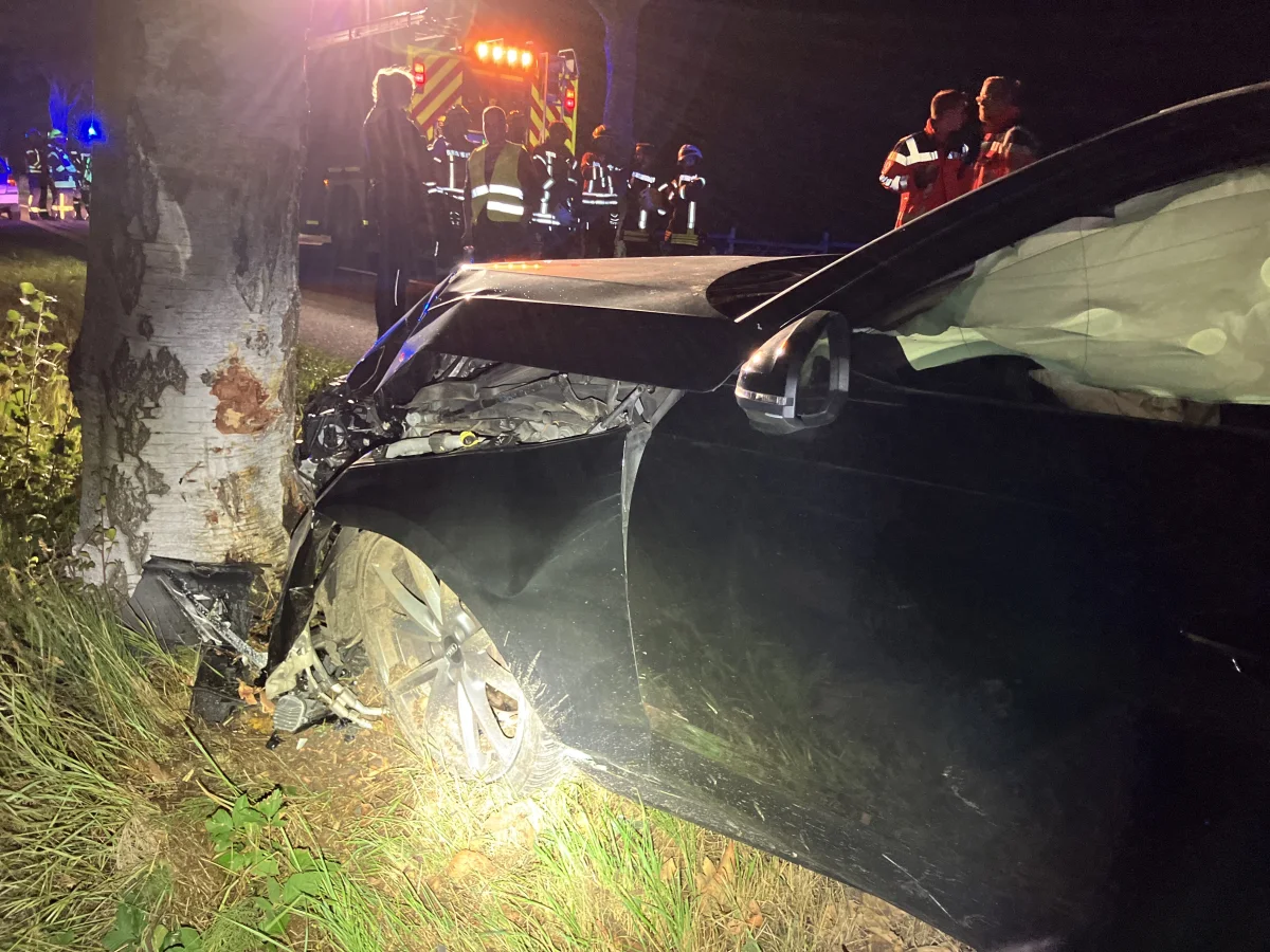 Ein schwarzes Auto ist in der Dunkelheit frontal gegen einen Baum geprallt. Rettungskräfte sind im Hintergrund sichtbar.