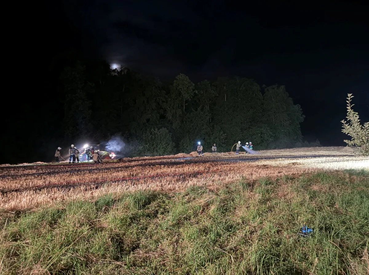 Mehrere Feuerwehrleute sind bei Nacht dabei, ein Feuer auf einem abgeernteten Feld zu löschen. Der Hintergrund ist von Bäumen und dunklem Himmel dominiert.