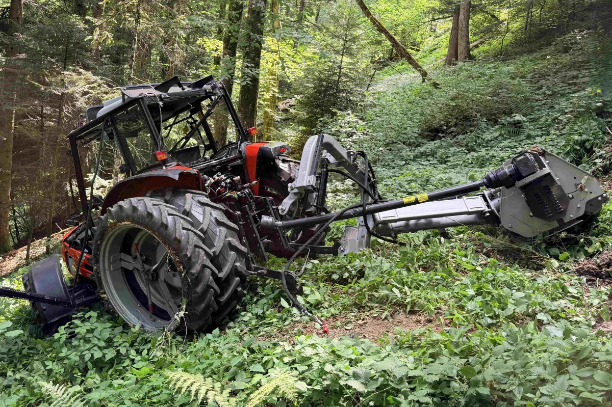 Ein roter Traktor liegt auf der Seite in einem bewaldeten Gebiet. Das Fahrzeug scheint umgestürzt zu sein und ist von Grünpflanzen umgeben.