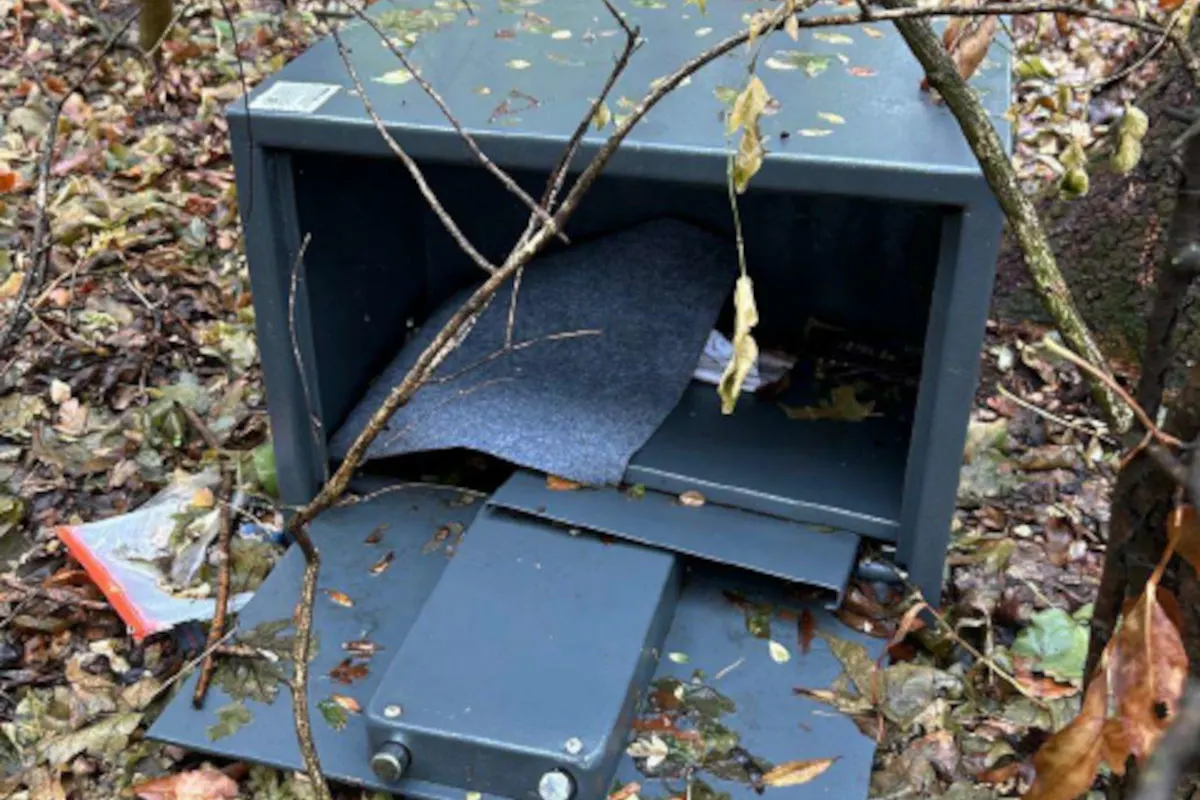 Ein aufgebrochener Tresor liegt auf dem Waldboden, umgeben von Laub und Ästen. Die Tür ist entfernt, und einige Papiere ragen heraus.