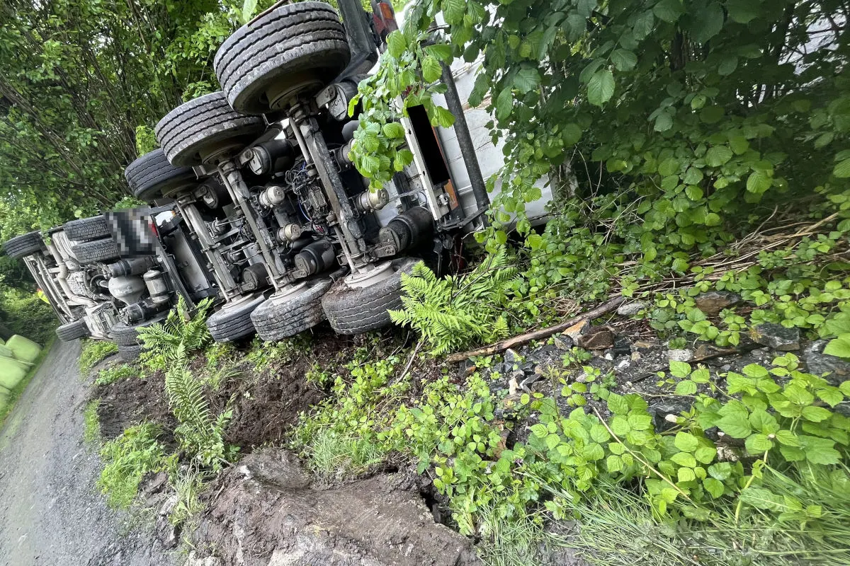 Ein Lastwagen mit mehreren Achsen ist seitlich im Grünen umgekippt, Räder sind sichtbar. Dichtes Gestrüpp umgibt die Unfallstelle.