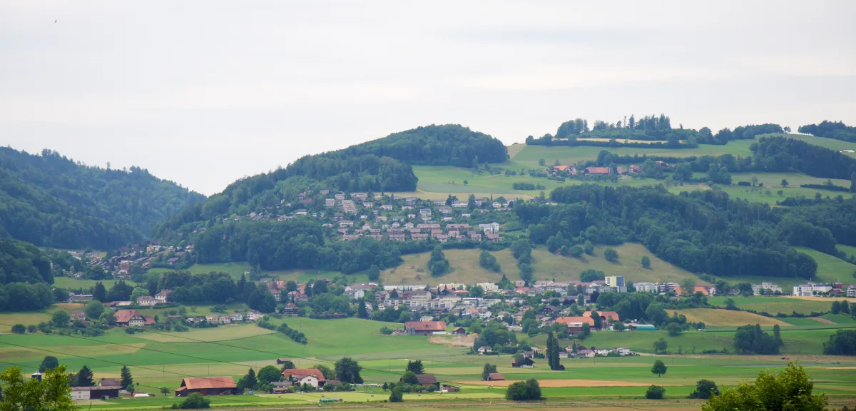 Ein Dorf liegt eingebettet in eine hügelige Landschaft, umgeben von dichten Wäldern und weiten Feldern, unter einem bedeckten Himmel.