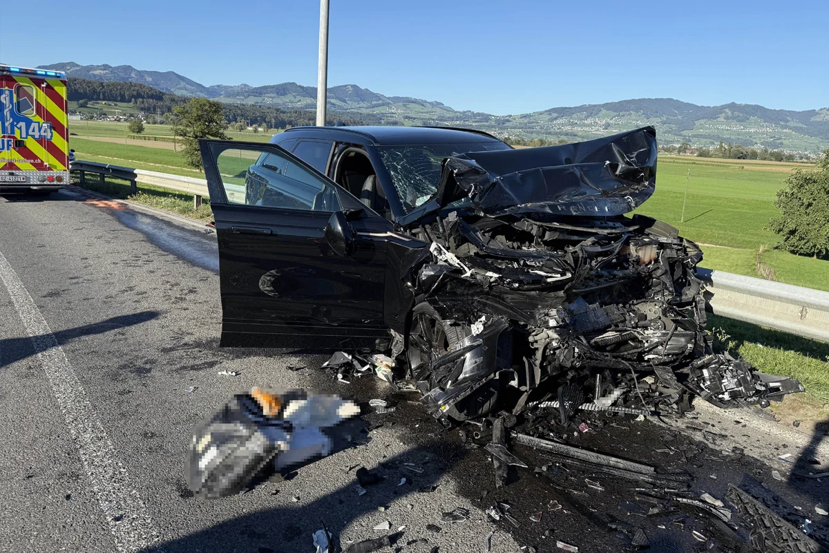 Auf einer Landstraße steht ein schwarzes Auto mit stark beschädigter Front. Im Hintergrund ist ein Rettungsfahrzeug sichtbar.