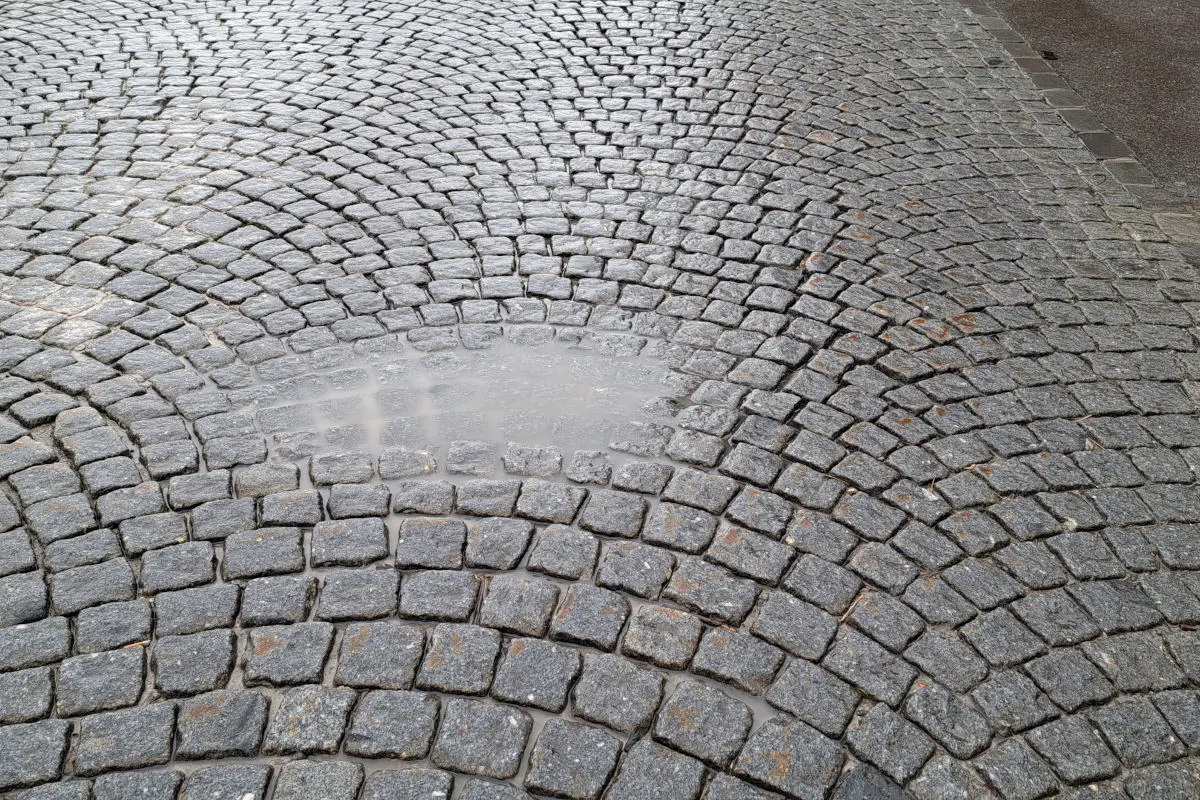 Ein Abschnitt eines nassen Kopfsteinpflasters mit einer großen Pfütze in der Mitte. Die Pflastersteine sind ungleichmäßig angeordnet und weisen nasse Oberflächen auf.