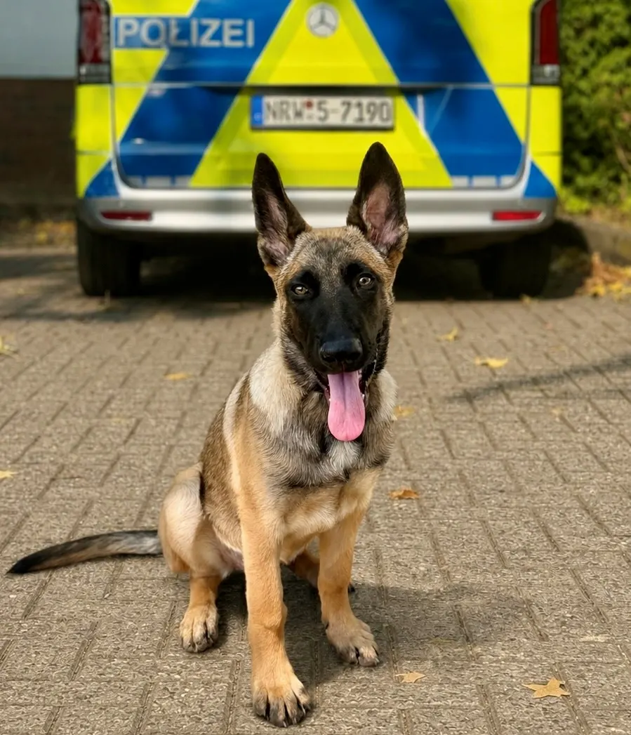 Ein belgischer Schäferhund sitzt auf einem gepflasterten Bereich vor einem blau-gelben Polizei-Transporter mit Mercedes-Logo und NRW-Kennzeichen.