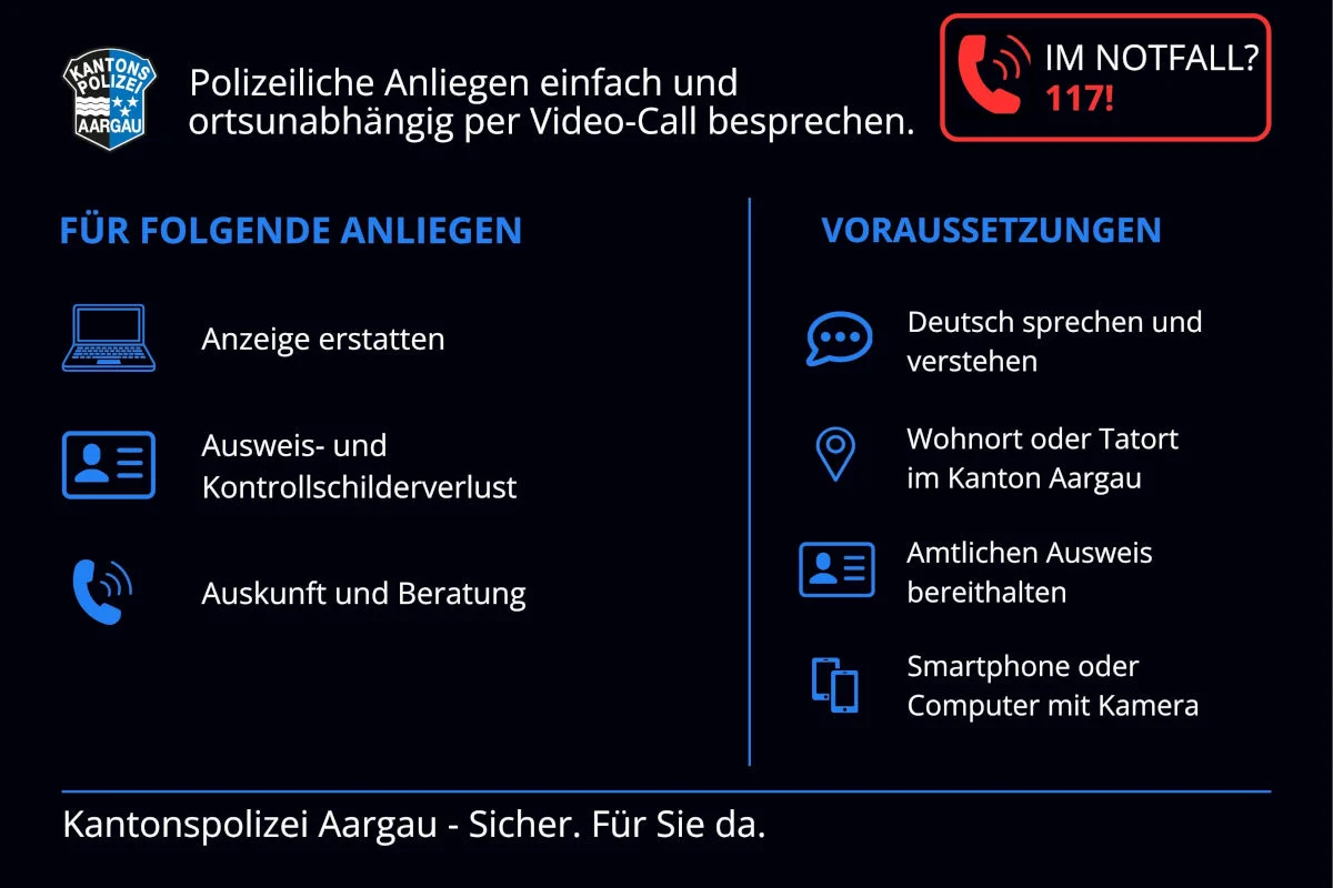 Eine Infografik der Kantonspolizei Aargau erklärt, wie Bürger polizeiliche Anliegen per Video-Call besprechen können. Sie zeigt Voraussetzungen und Anwendungsfälle.