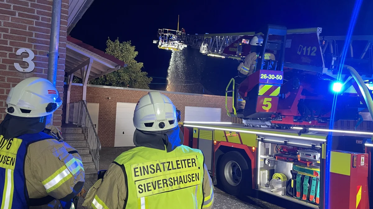 Zwei Feuerwehrleute in Schutzkleidung stehen im Vordergrund und beobachten eine Drehleiter, die im Hintergrund Wasser auf das Dach eines Gebäudes sprüht. Es ist Nacht.