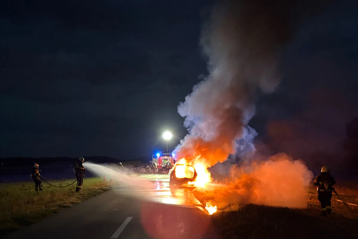 Bei Nacht löscht die Feuerwehr ein brennendes Fahrzeug auf einer Landstraße. Der Himmel ist dunkel, und Flammen lodern aus dem Fahrzeug.