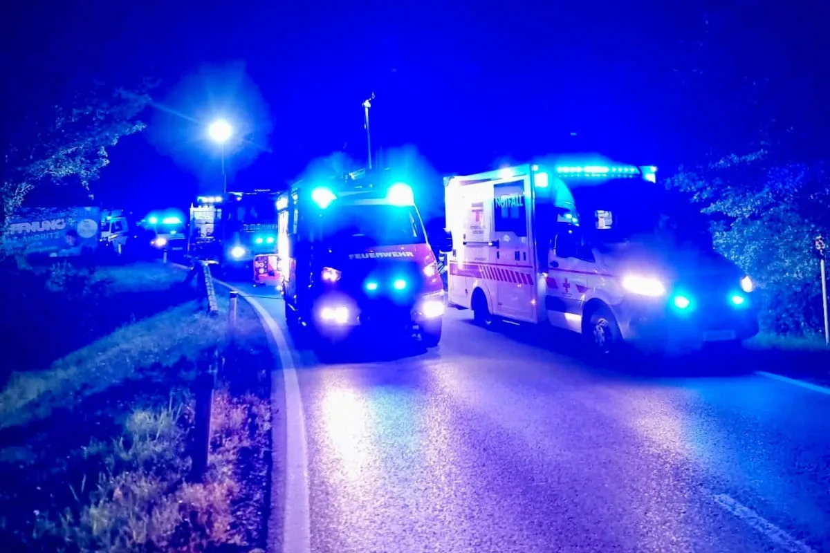 Mehrere Einsatzfahrzeuge, darunter Feuerwehr und Krankenwagen, stehen mit eingeschaltetem Blaulicht auf einer Landstraße bei Nacht.