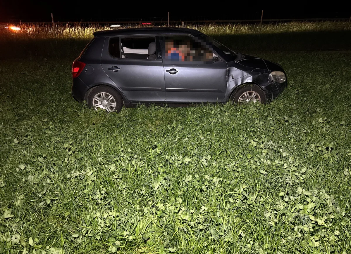 Ein graues Auto steht bei Nacht im hohen Gras, sichtbar sind Schäden an der rechten Fahrzeugseite.