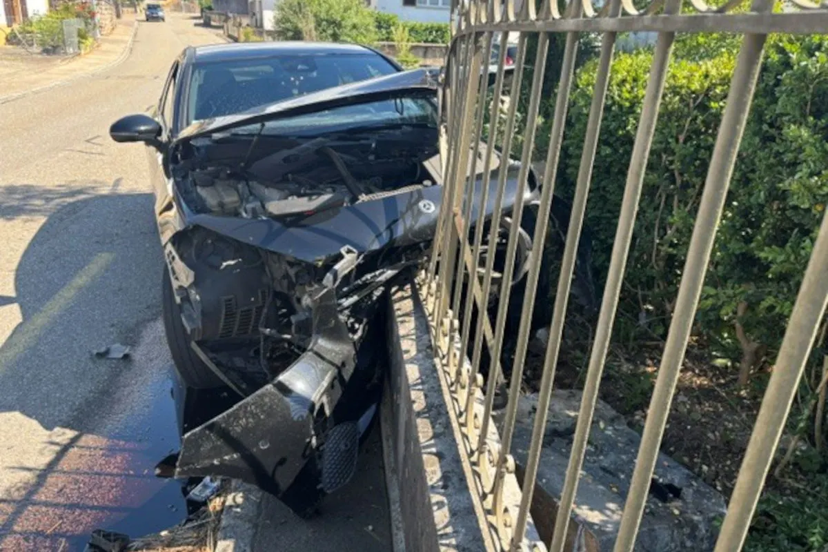 Ein schwarzes Auto ist frontal gegen einen Metallzaun geprallt. Die Front des Fahrzeugs ist stark beschädigt.