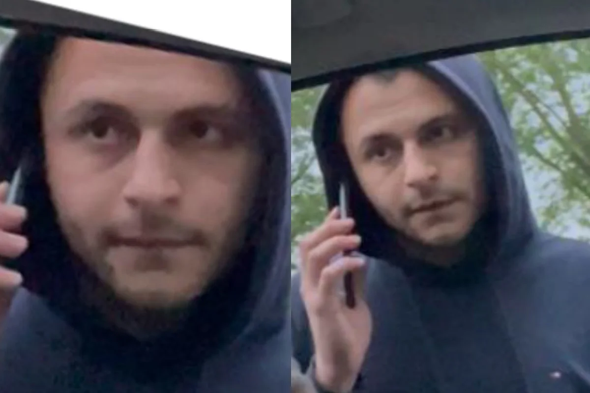 Zwei Bilder zeigen einen Mann mit Kapuze, der durch ein Autofenster zu sehen ist und telefoniert.