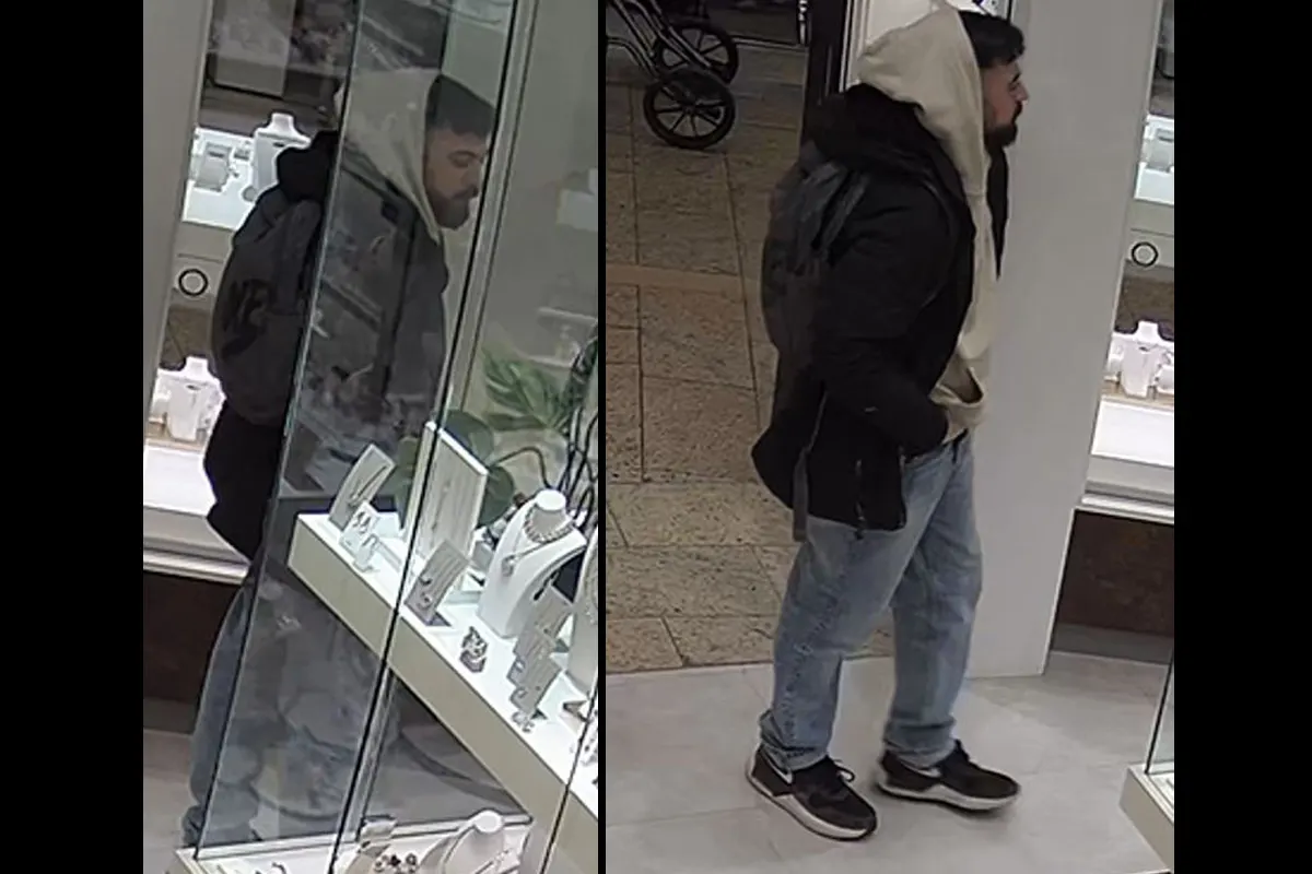 Ein Mann mit Kapuzenpullover und Rucksack steht in einem Juweliergeschäft vor einer Vitrine. Schmuck ist in der Auslage zu sehen.