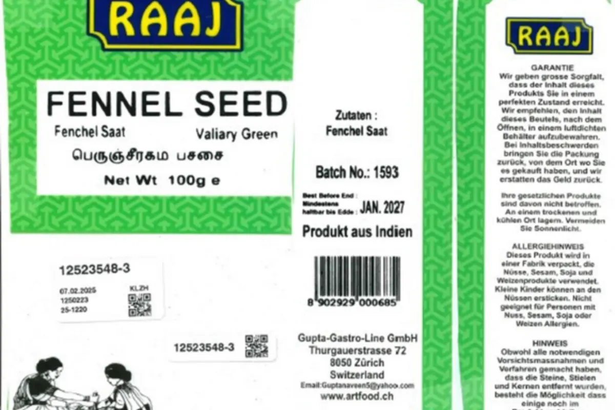 Rückruf – Chlorpyrifos im Produkt «Fenchel Saat» der Marke Raaj nachgewiesen