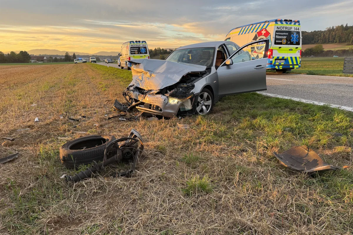 Ein silbernes Auto mit schwerem Frontschaden steht neben einer Straße auf einem Feld. Mehrere Einsatzfahrzeuge sind im Hintergrund zu sehen, darunter ein Krankenwagen.