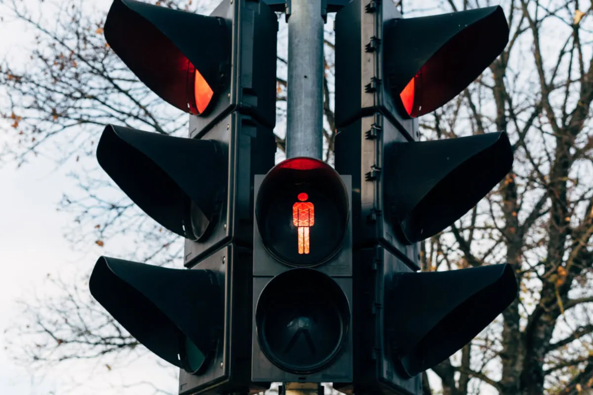 Eine rote Fußgängerampel zeigt an, dass der Verkehr gestoppt werden muss. Im Hintergrund sind kahle Bäume zu sehen.