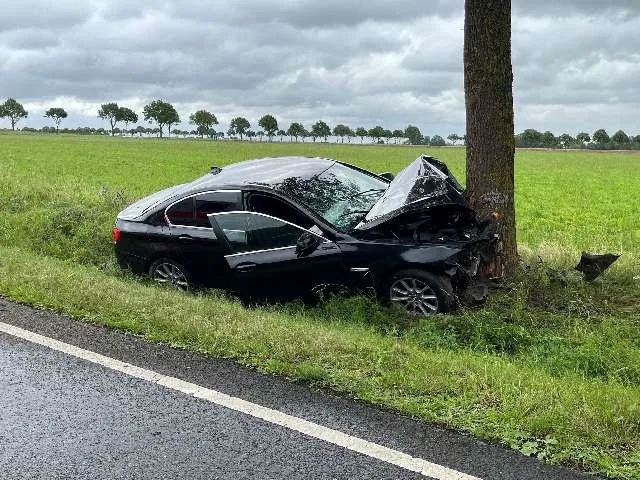 Ein schwarzes Auto steht mit erheblichem Schaden am Baum neben einer Landstraße. Der Vorderteil ist stark eingedrückt.
