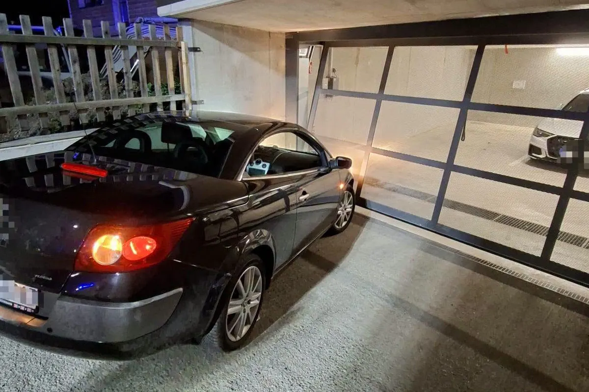 Ein dunkles Auto mit eingeschaltetem Rücklicht steht schräg vor einem teilweise geöffneten Garagentor. Der Innenraum ist leer.