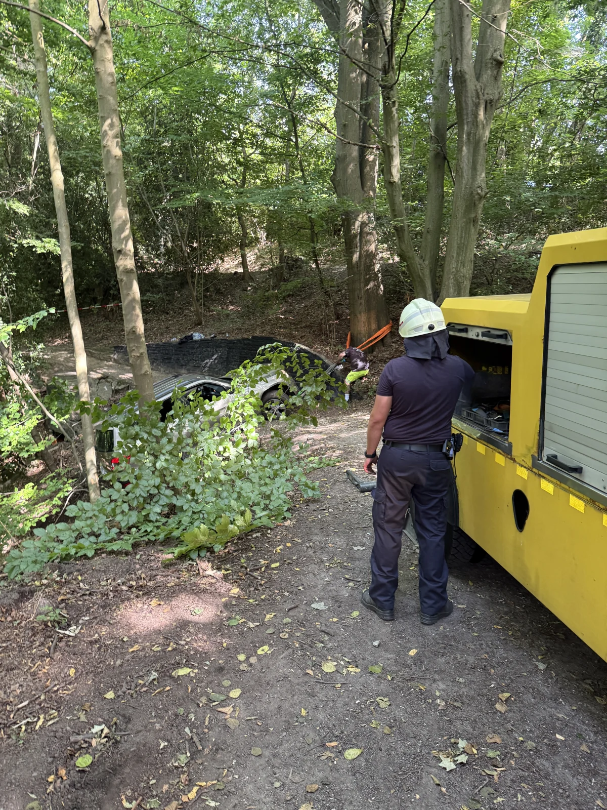 Eine Person in Schutzkleidung steht bei einem gelben Einsatzfahrzeug. Im Hintergrund ist ein Auto in den Bäumen zu sehen.