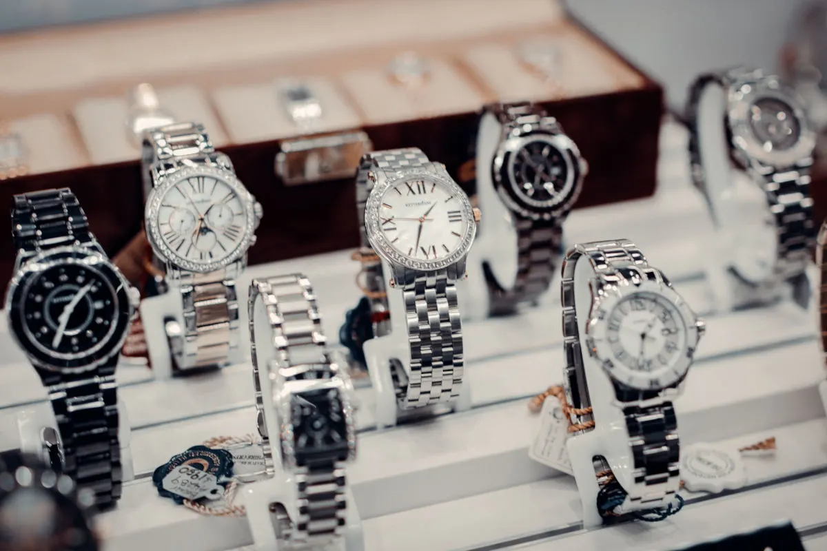 Mehrere Luxusarmbanduhren sind auf einem weißen Display in einem Geschäft ausgestellt. Sie sind von verschiedenen Marken und haben metallische Armbänder.