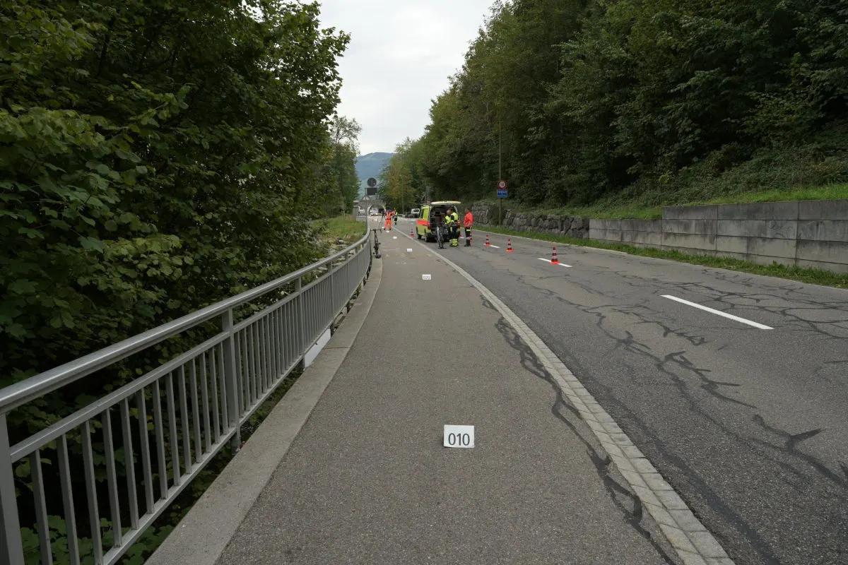 Mehrere Personen in Warnwesten stehen neben Verkehrskegeln auf einer abgesperrten Straße. Die Umgebung ist bewaldet.